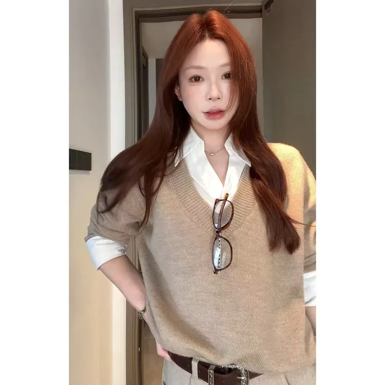 天才女友 高智感翻领假两件polo毛衣女拼接长袖针织衫