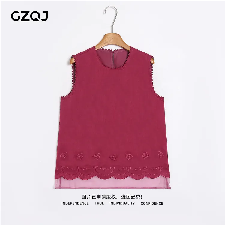 老琴私服【绯烟麻韵】100亚麻欧若风花边刺绣圆领无袖背心女87174