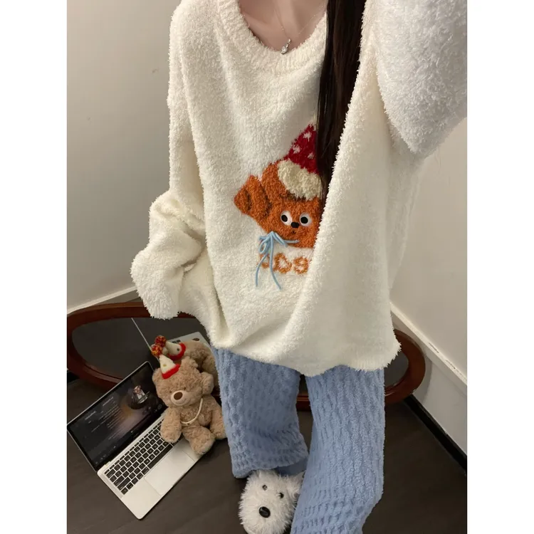 甜美可爱牛角面包卡通半边绒睡衣女秋冬季新款加绒加厚保暖家居服