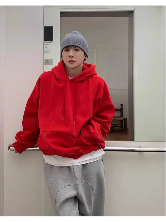 300斤大码休闲情侣连帽卫衣秋冬套头加绒加厚红色红色本命年衣服