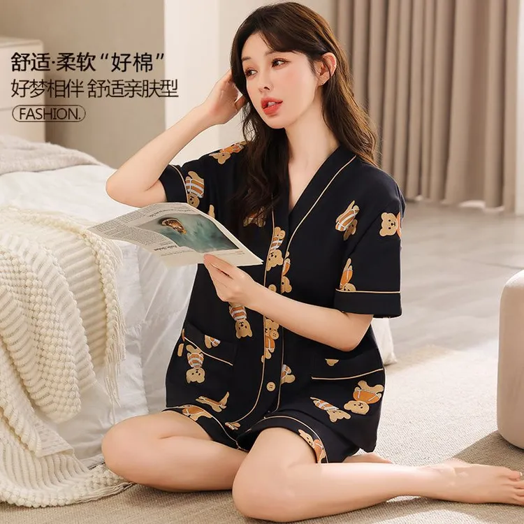 卡通和服短袖开衫短裤睡衣女棉套装胖mm大码睡衣夏天薄款家居服