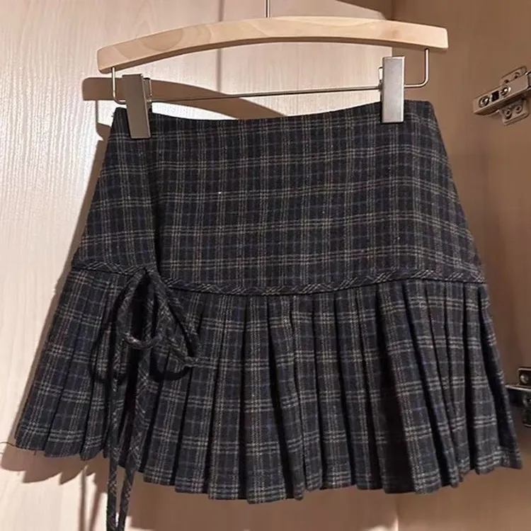 美式复古辣妹格纹毛呢百褶裙秋冬高腰显瘦半身裙百搭学院风包臀裙