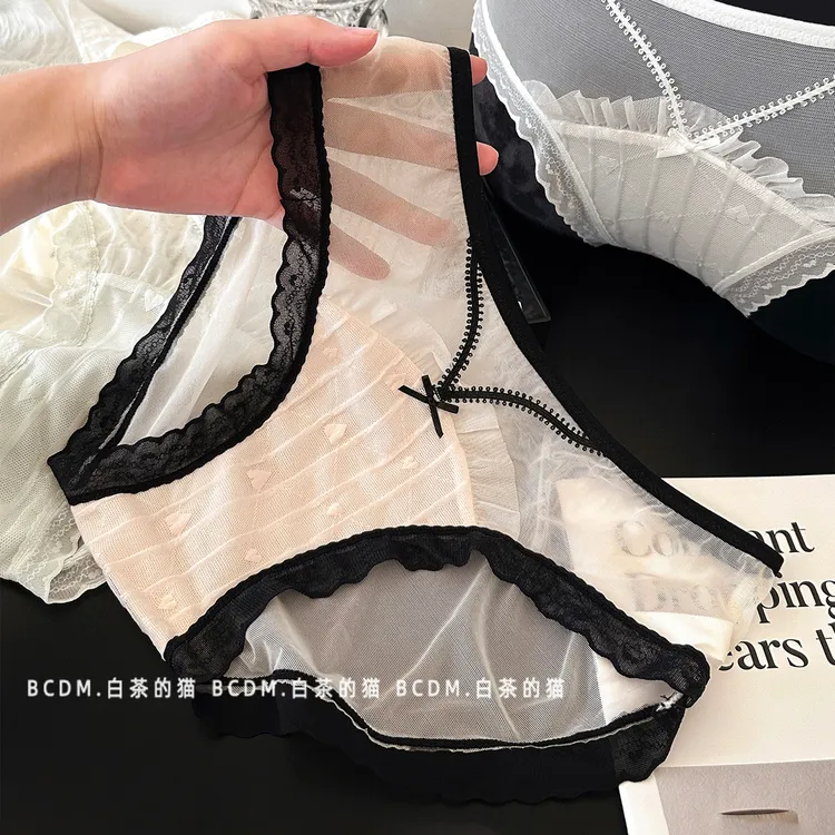 白茶的猫性感甜美清新蕾丝内裤女亲肤网纱少女心爱心加长裆三角裤
