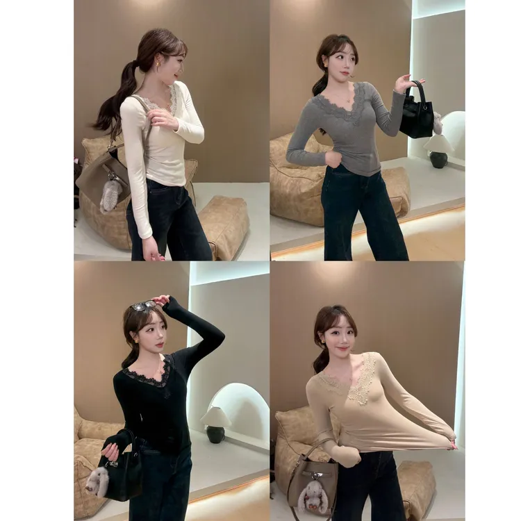 YPP！【新格调】气质V领带胸垫蕾丝花边长袖弹力显瘦打底T恤