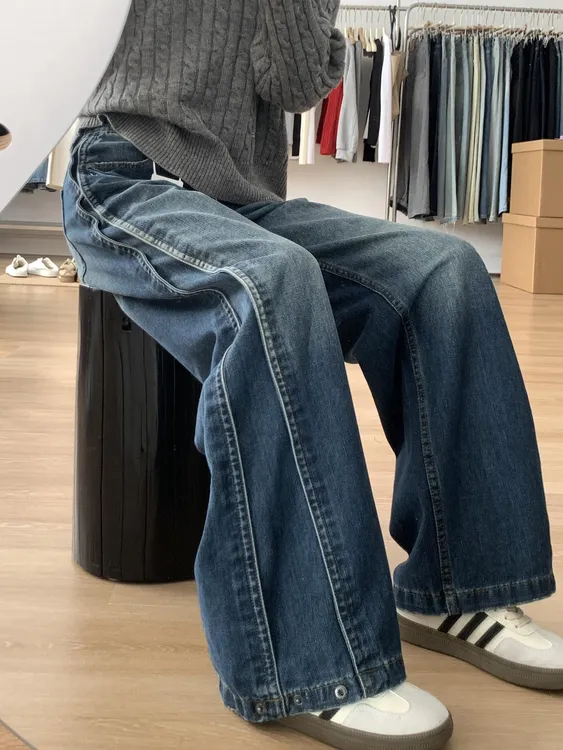 大码复古水洗高级感阔腿牛仔裤女早春新款宽松显瘦百搭拖地直筒裤