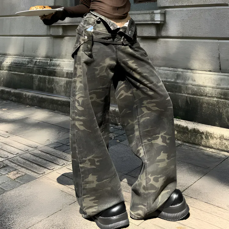 Blackgirl新款【是个杀手3】工装风高腰宽松垂感直筒阔腿迷彩牛仔裤