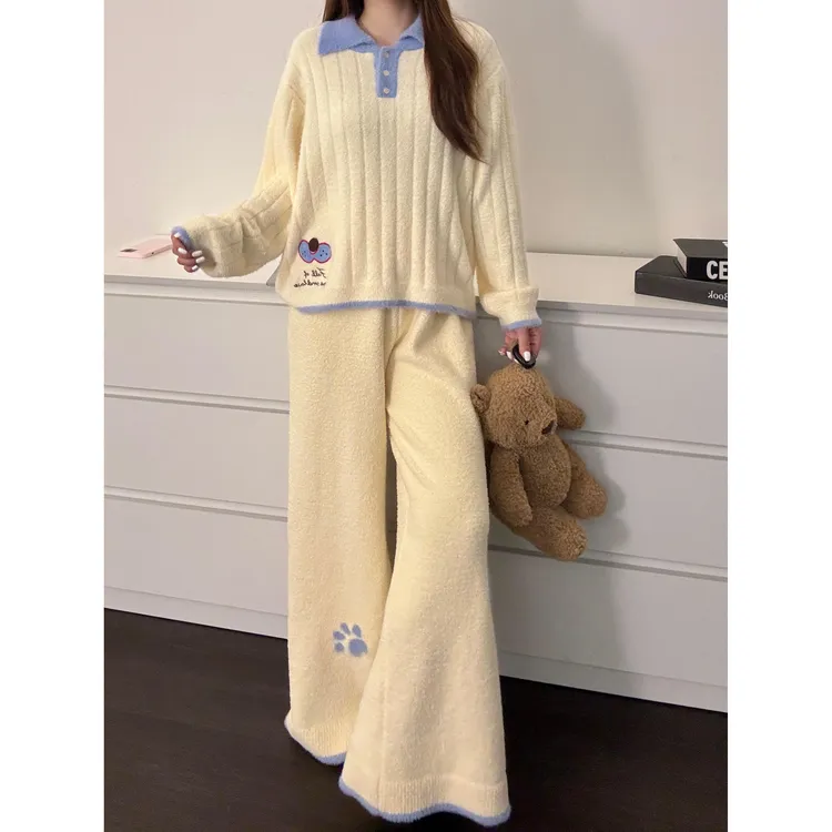 【DMXJ大梦想家】韩系软萌卡通半边绒睡衣女款秋冬款针织家居服套装