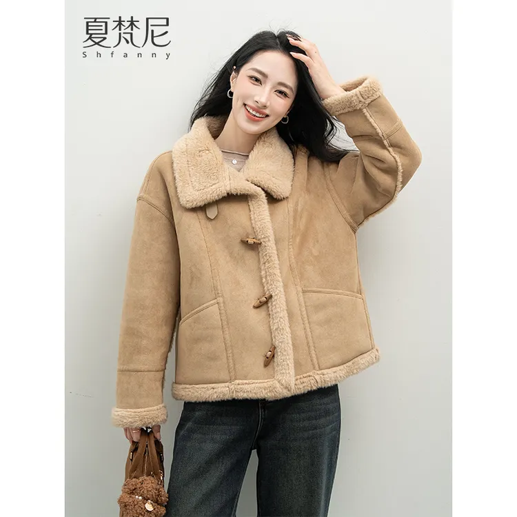 夏梵尼栗棕银杏冬季仿皮毛一体加厚百搭小个子网红爆款羊羔毛外套