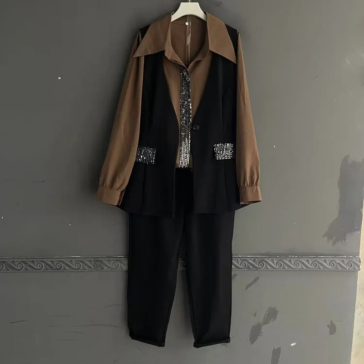 休闲风时尚套装显瘦春秋宽松休闲黑色拼接百搭小西装