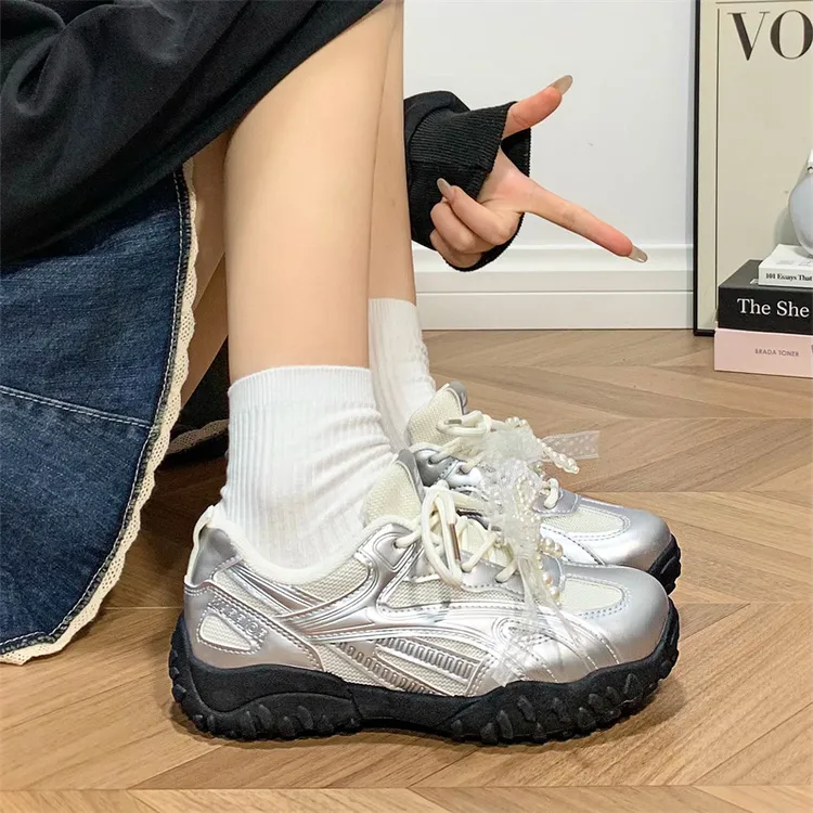 回力银色德训鞋女款2025新款夏季原创百搭网面休闲运动阿甘小银鞋