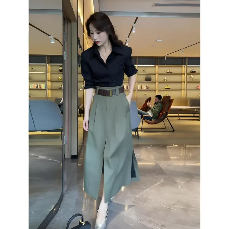 御姐穿搭套装女秋季时尚通勤百搭长袖衬衫设计感开叉半身裙两件套