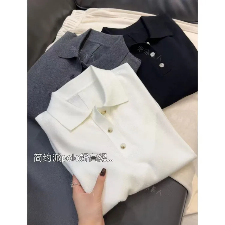 简约派polo」岩石灰自留冬季加厚百搭衬衫领针织毛衣女显白洋气