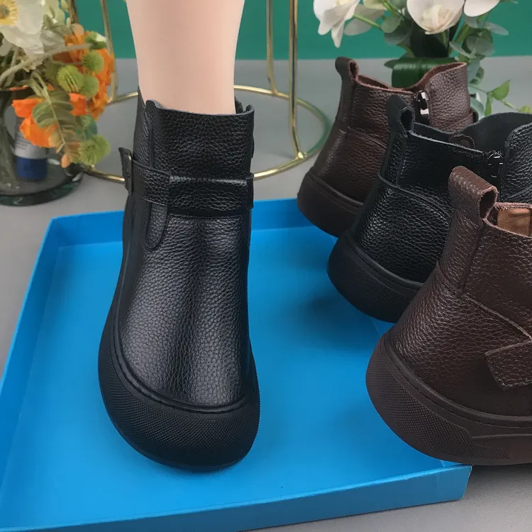 时尚圆头短靴舒适侧拉链春秋中跟休闲风秋冬加绒女