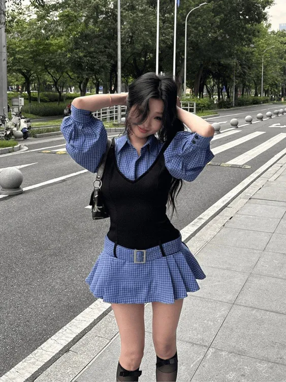 学院风假两件格纹拼接连衣裙女夏季低腰设计感甜辣妹显瘦百褶短裙