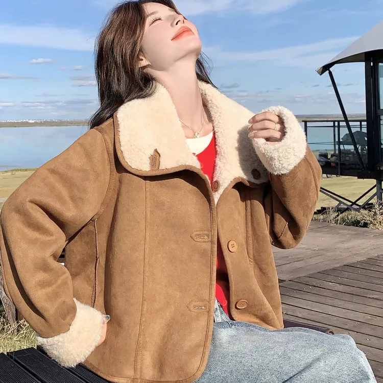 蕾姐两面穿皮毛外套女2025秋冬美拉德复古小个子麂皮绒上衣