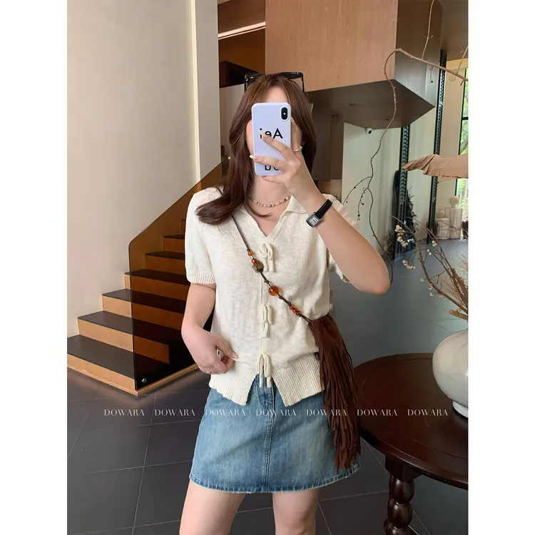 现货9781X大婉酱千千微胖定制 翻领针织短袖夏季气质时尚薄款上衣