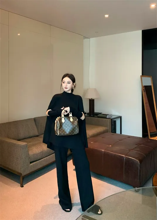 复古气质慵懒宽松套头针织休闲毛衣上衣高腰长裤套装秋冬显瘦黑色