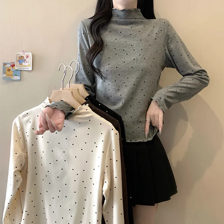 2025年大码女装冬季新款设计感半高领木耳边波点长袖打底上衣3838