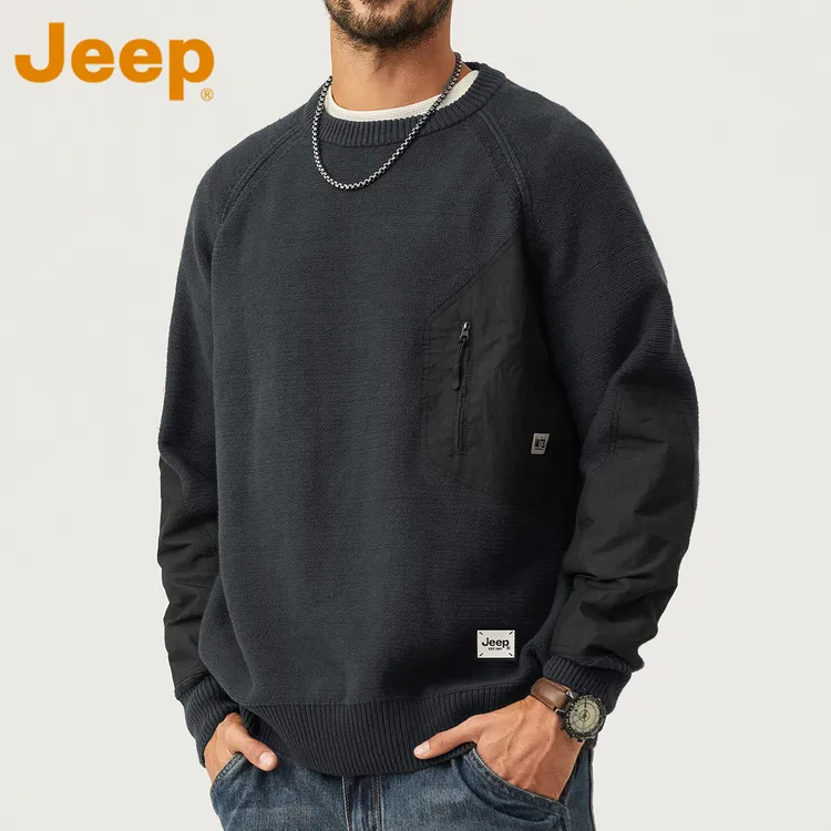 JEEP吉普美式拼接圆领针织毛衣男士秋冬季高级硬汉穿搭宽松毛线衣