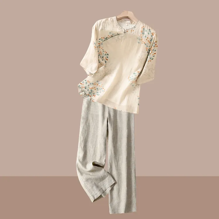 新中式国风棉麻套装女士夏季中年妈妈高端亚麻苎麻上衣裤子两件套