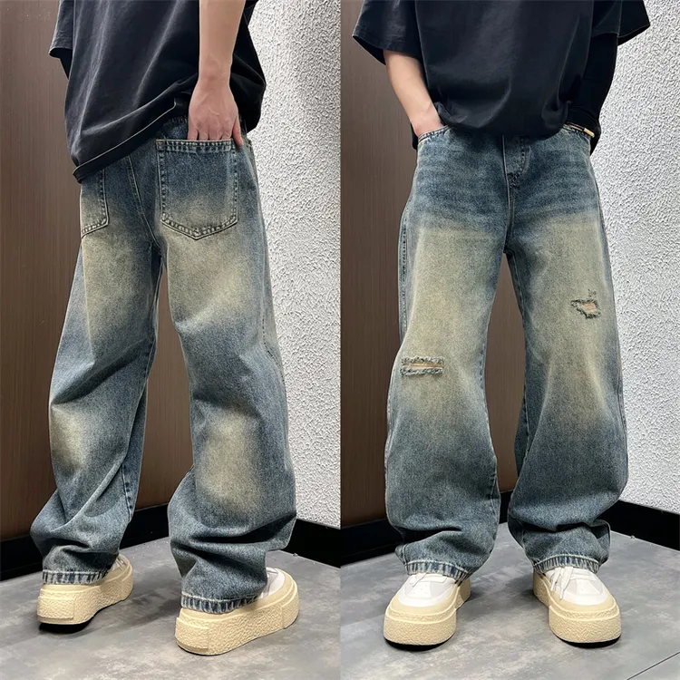 美式高街复古破洞弯刀水洗牛仔裤潮流宽松阔腿痞帅百搭垂感长裤男