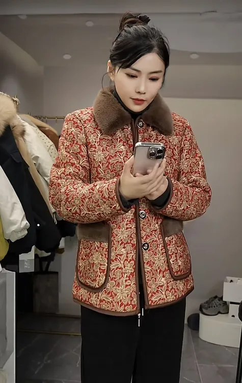 189棉衣翻领女装保暖印花中长款冬季棉服大码棉袄中老年