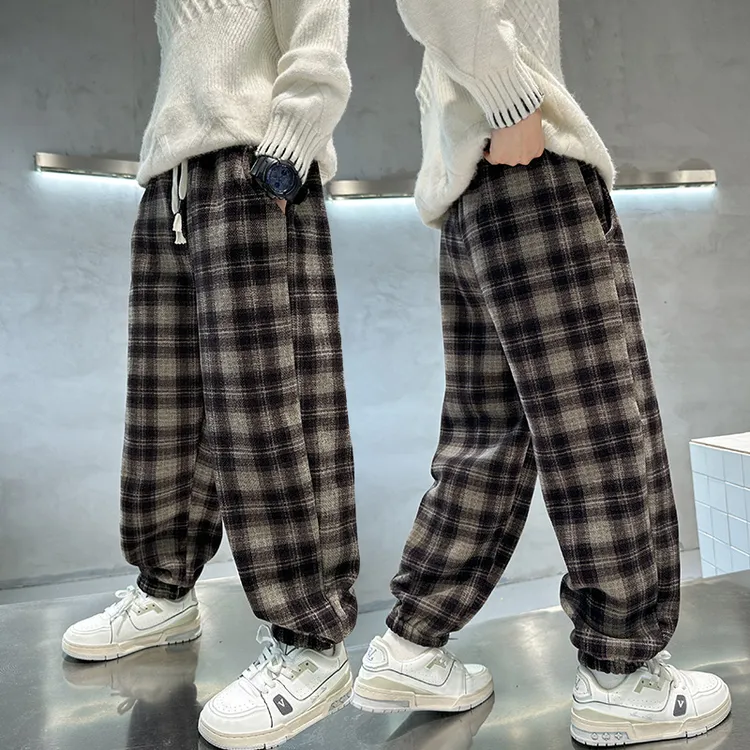 男童加绒裤子冬季一体绒运动裤2025新款儿童秋冬一体绒格子棉裤潮