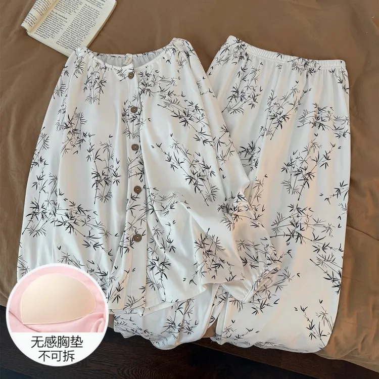 睡衣女秋冬季德绒磨毛大码带胸垫2025新款国风淡竹套装冬天家居服