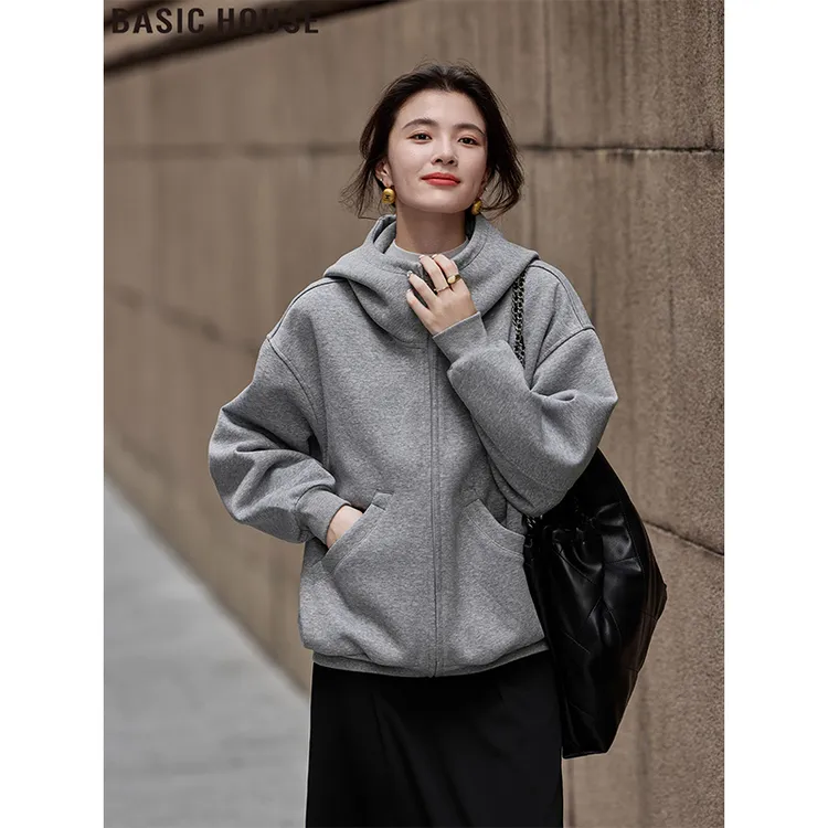 Basic House/百家好灰色连帽拉链廓形厚款卫衣外套女2025秋季新款