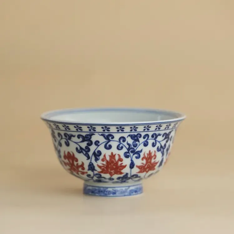 釉里红青花压手杯手工陶瓷缠枝莲高档品茗主人杯花纹名窑釉下彩