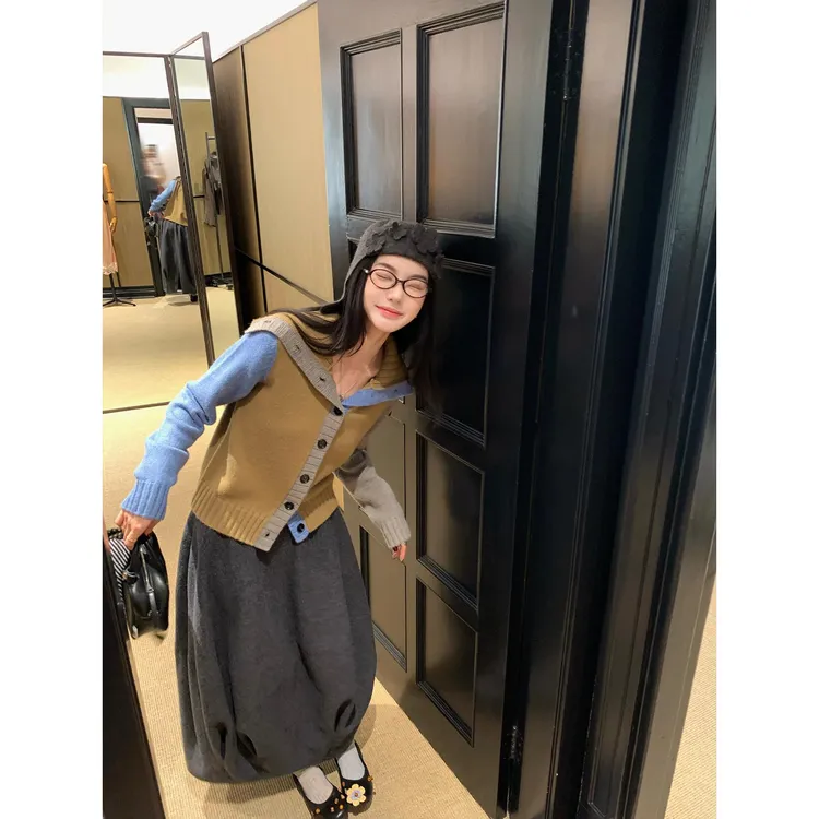 区区欧阳【趣味彩虹衫】撞色翻领慵懒宽松毛衣外套针织开衫