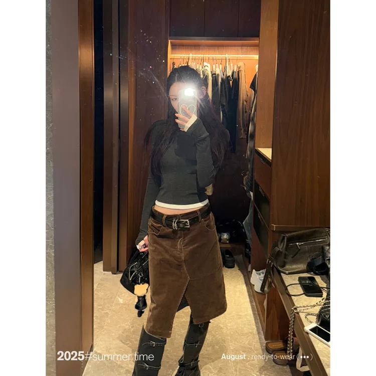 前开衩灯芯绒中长半身裙女早秋季a字修身显瘦复古裙子