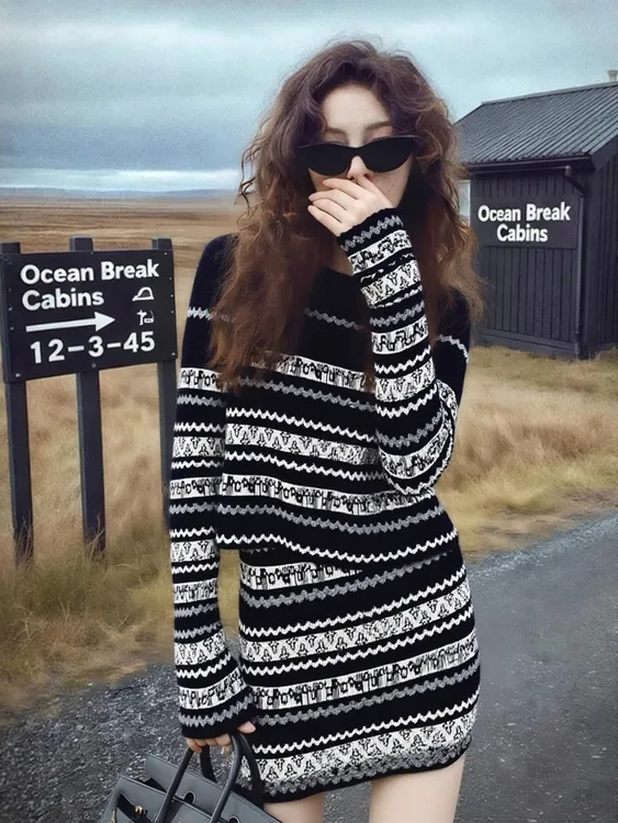 2025冬季超火一整套轻奢高级感大方得体黑色提花针织衫两件套装裙