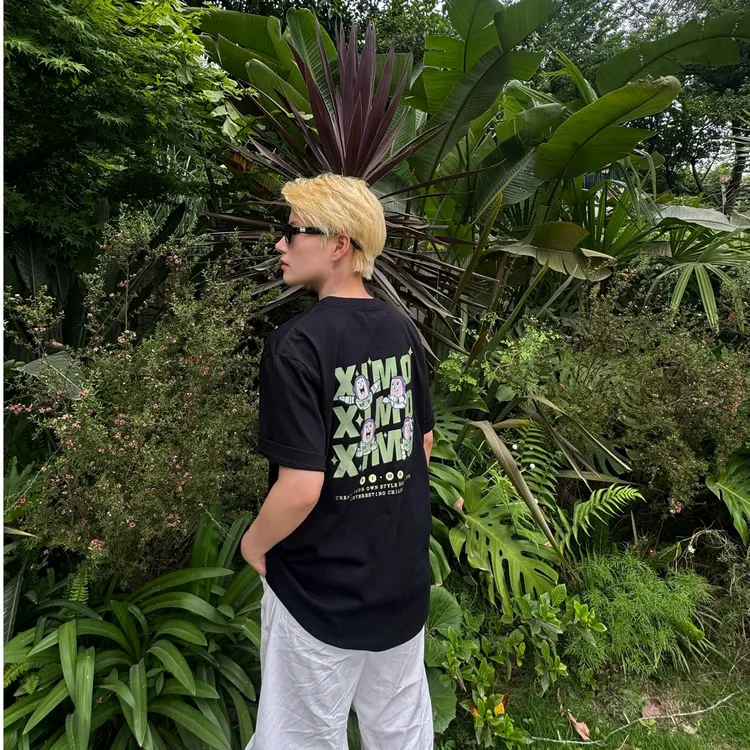 BM街潮宽松中性夏季黑色复古印花短袖美式纯棉休闲半袖男女同款