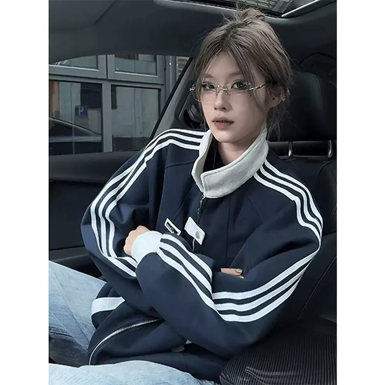 藏青色条纹拼接开衫卫衣外套男秋季美式复古三条杠立领棒球服夹克