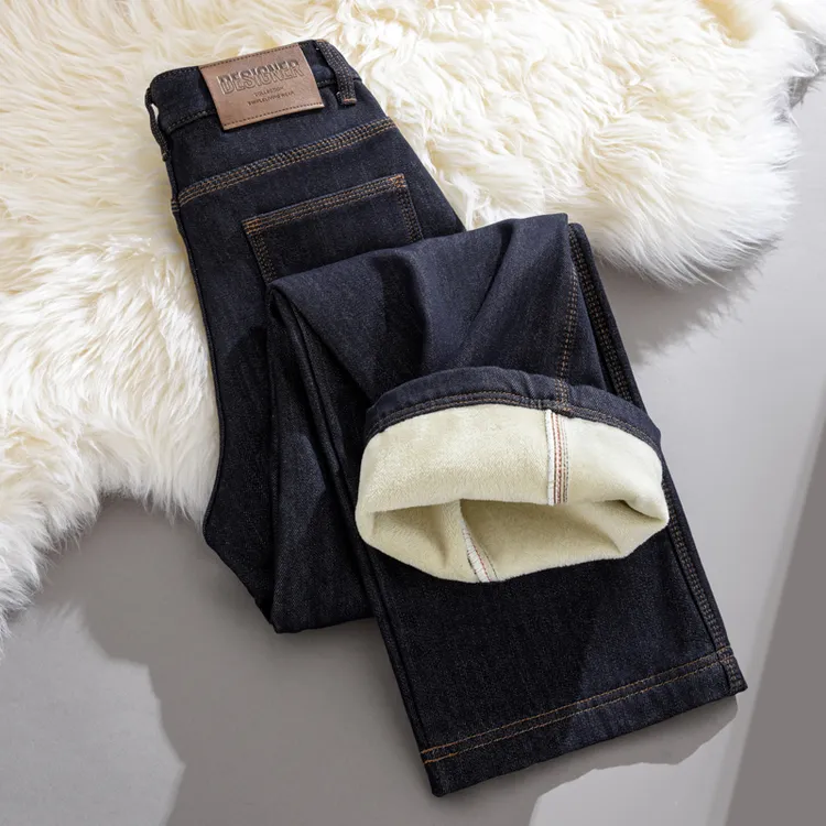 深蓝色加绒垂感阔腿牛仔裤女2025秋冬季高腰显瘦宽松加厚直筒裤子