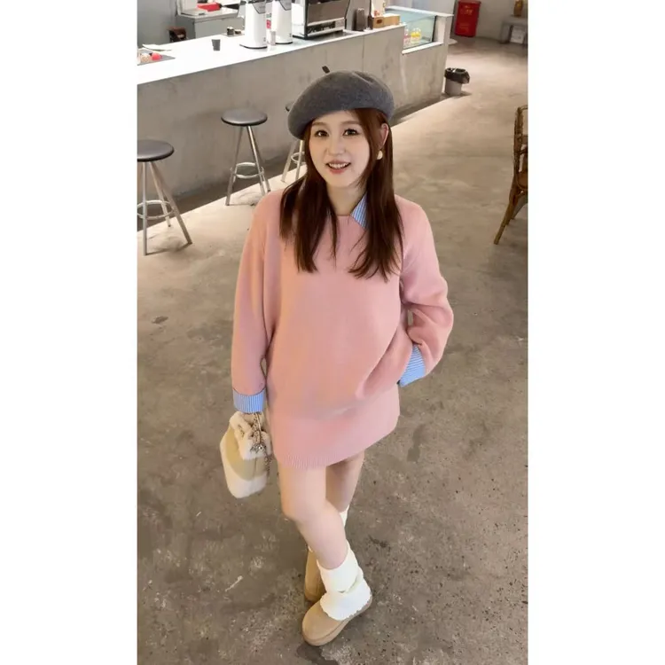 晶咕佳佳【樱花告白】条纹衬衫领拼接款毛衣+松紧腰短款毛线半身裙