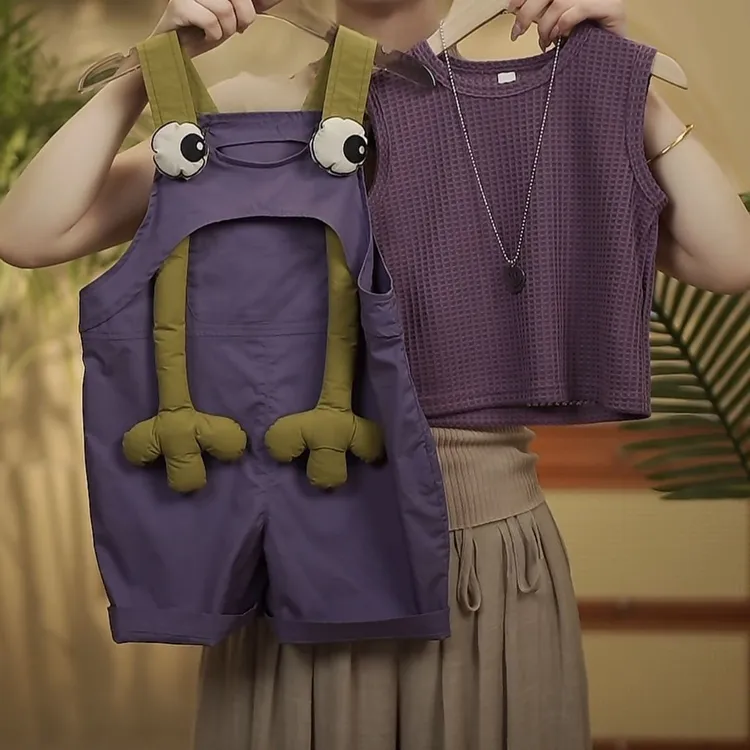 戴维贝拉新品新款儿童夏季时尚休闲百搭宽松背带裤套装立体青蛙可