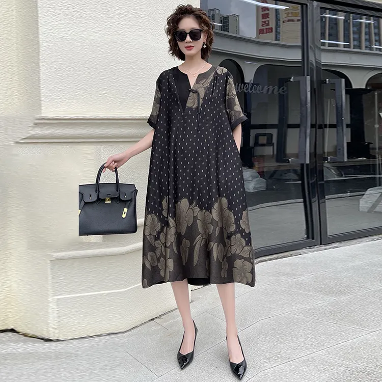 轻奢风醋酸大码连衣裙夏季新款宽松遮肚显瘦A字裙年轻洋气中长裙