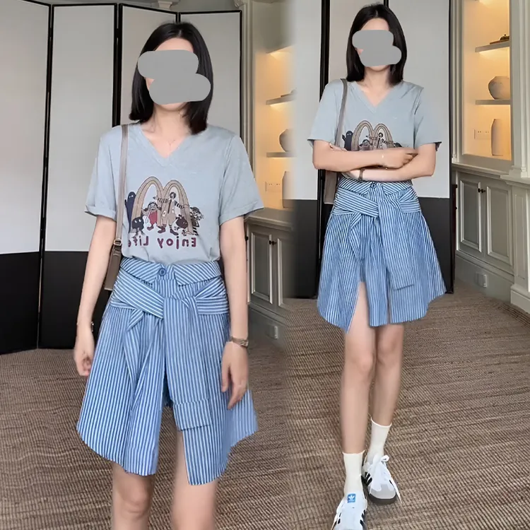 今年流行的女装套装女2025夏季卡通印花短袖T恤条纹短裤两件套潮