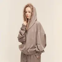 COZYDOLL美式街头复古水洗做旧毛领宽松慵懒设计感拉链连帽卫衣女