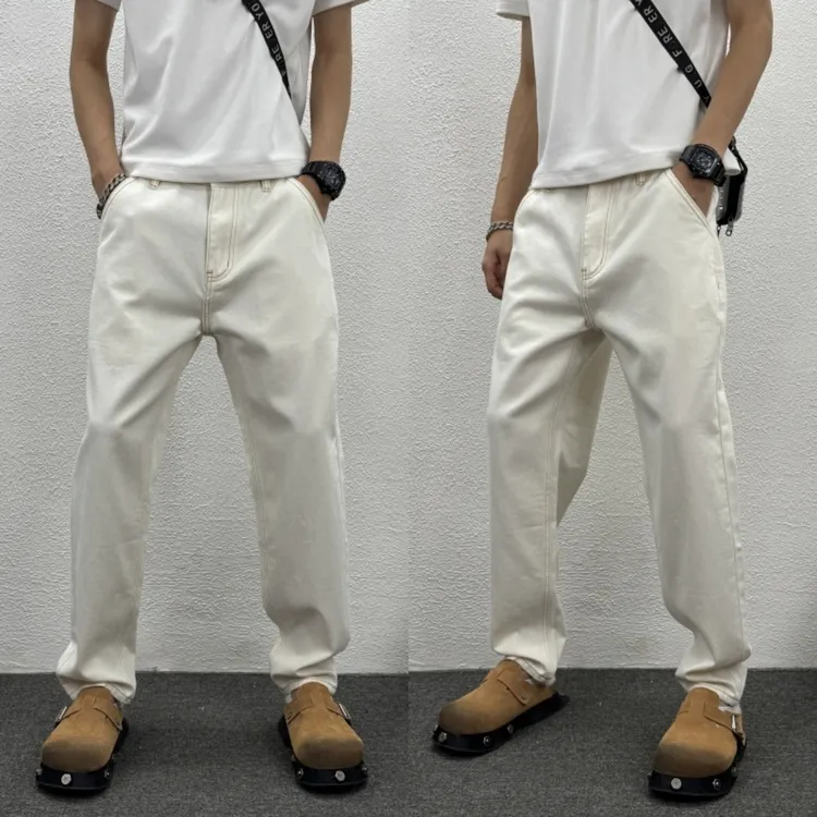白色男士水洗牛仔裤秋季日系百搭直筒裤纯色流行韩式休闲裤小脚裤