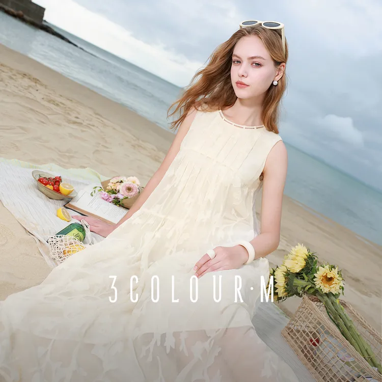 【绿子粉丝】三彩2025夏季新款剪花连衣裙圆领无袖背心裙宽松dbx