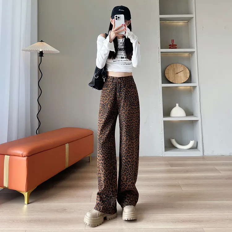 喇叭新款#美式印花豹纹休闲裤子女高腰宽松直筒长裤显瘦百搭阔腿