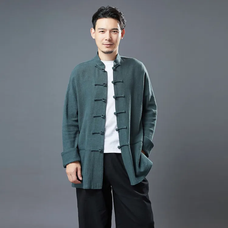 春秋苎麻对襟衬衫中国风汉服外套男士休闲立领盘扣粗麻上衣唐装