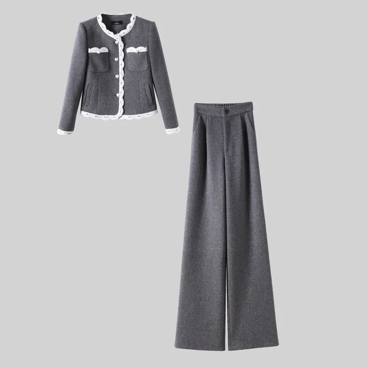 〈纪朵研〉H633休闲风时尚套装秋冬百搭灰色气质秋季高腰阔腿裤