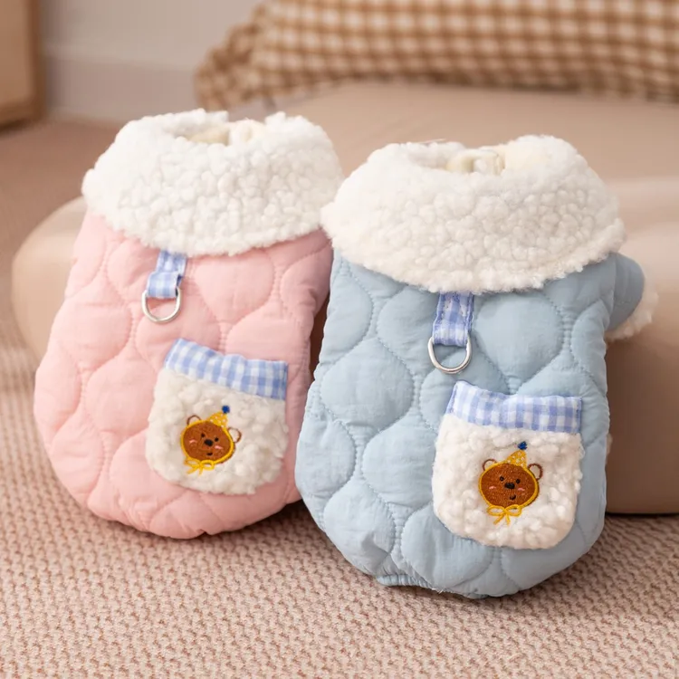 狗狗衣服秋冬季保暖绗棉口袋领结熊四脚棉衣自带牵引宠物衣服8317