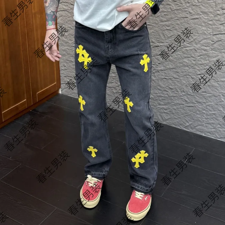 2025春季新款时尚休闲百搭贴皮做旧复古男士微喇牛仔裤