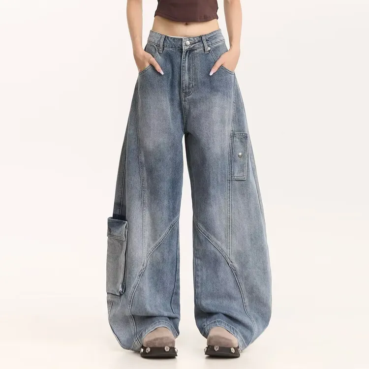 水洗宽松裤子直筒美式垂感直筒牛仔裤百搭长裤高腰