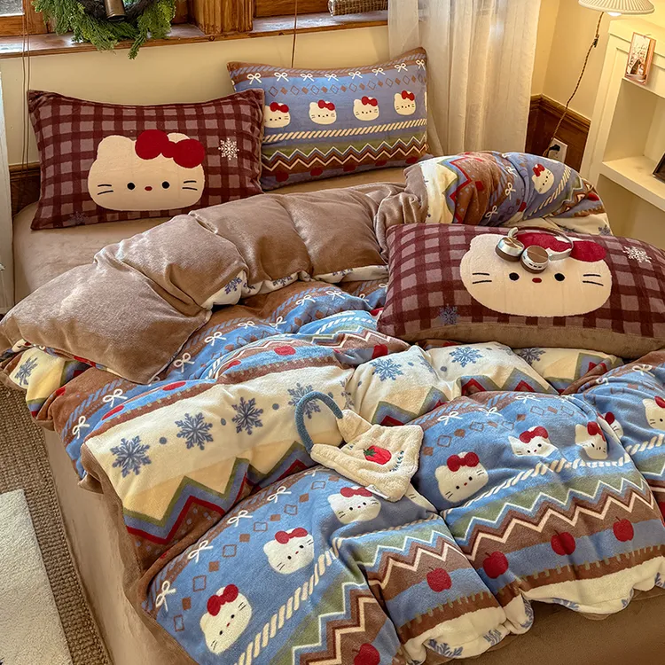 牛奶绒【雪花猫猫】四件套被套床上三件套双面绒被罩床单加绒加厚冬
